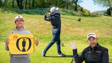 Main image of Jonny Leighfield unleashing an absolute rocket with inset images of James Nicholas (left) and David Howell (right)