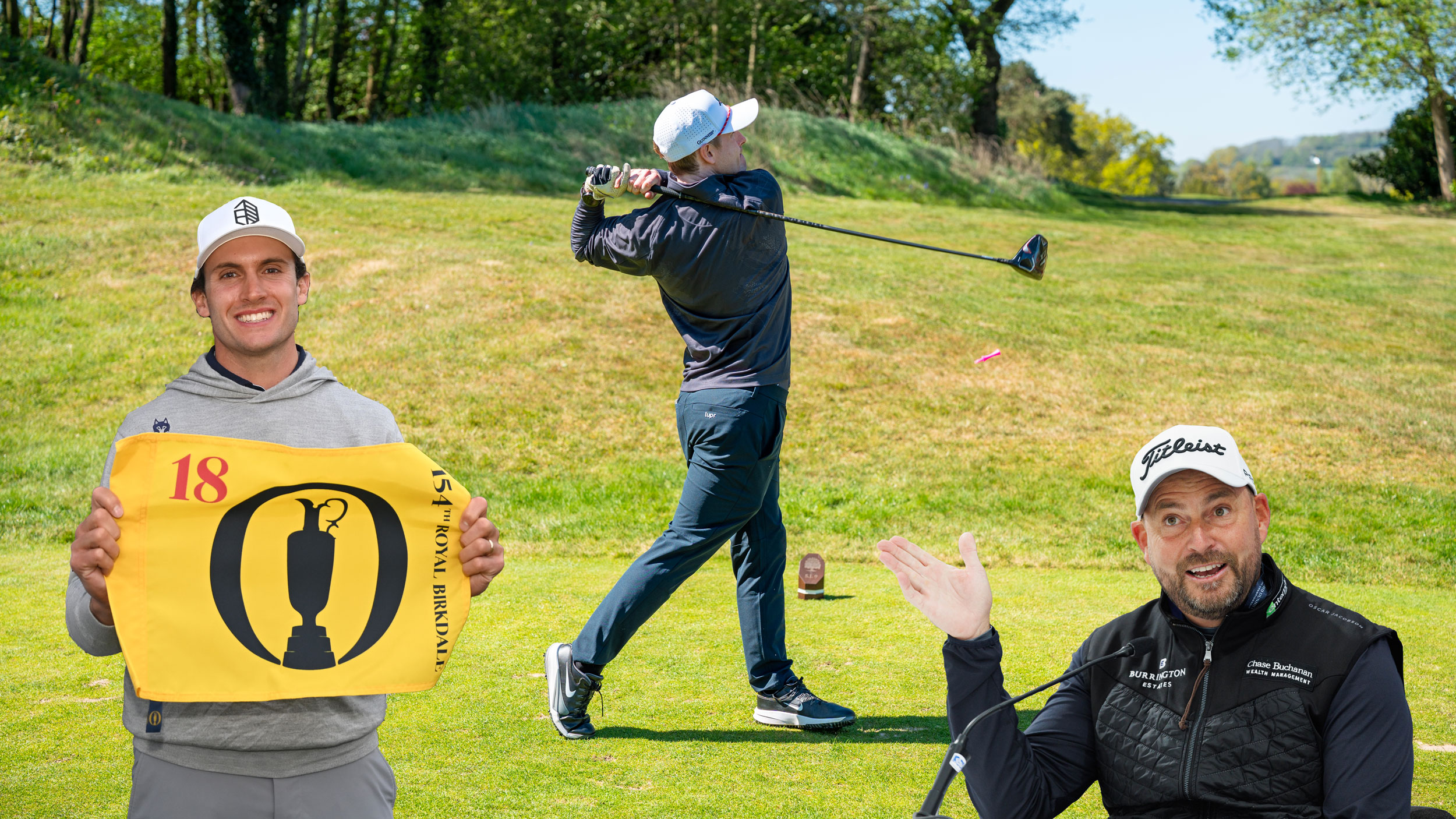 Main image of Jonny Leighfield unleashing an absolute rocket with inset images of James Nicholas (left) and David Howell (right)