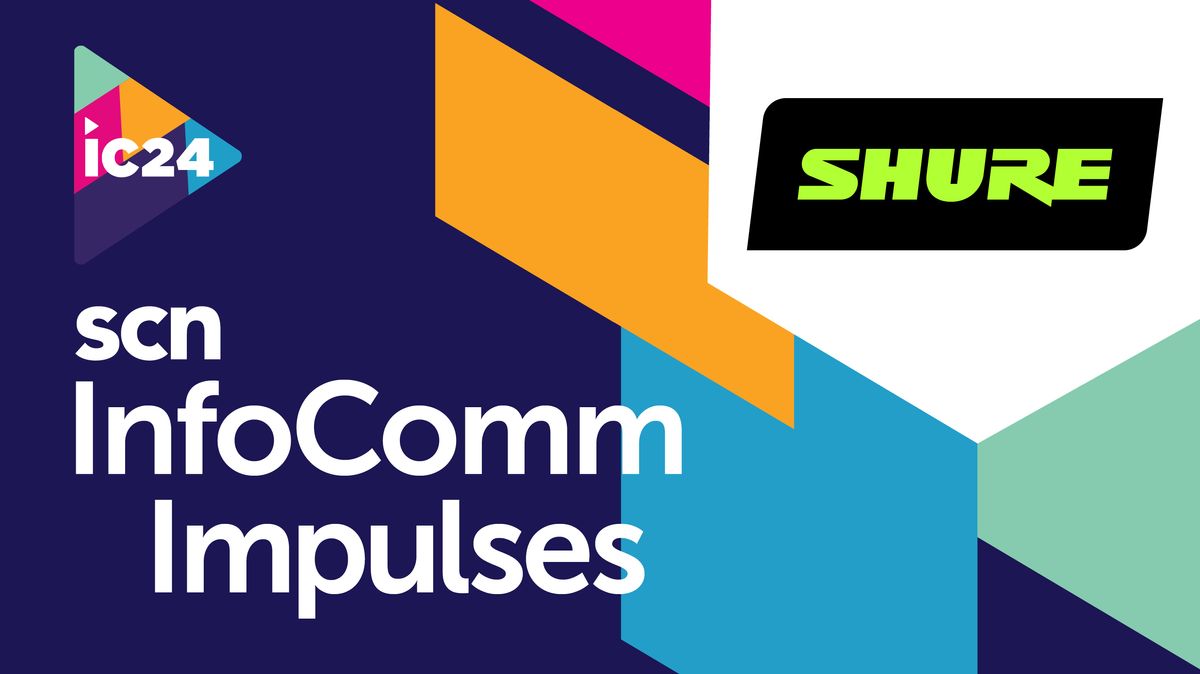 The Shure logo over the SCN InfoComm 2024 Impulses design. 