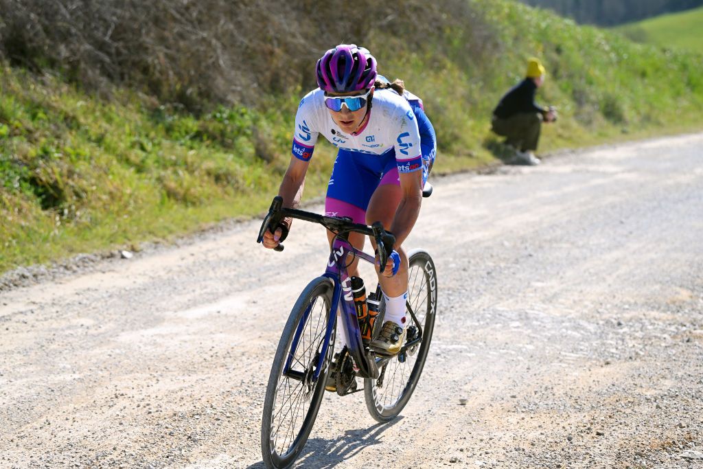 Kristen Faulkner (Jayco-AlUla) at Strade Bianche 2023 , where she crossed the line third but was later disqualified