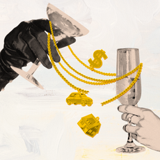 Illustration Art of two hands toasting with glasses of champagne. Gold chains are wrapped around the two glasses and on the chains, there are pendants resembling money, a car, and a house. The chain broke in the front and the pendants are dropping.