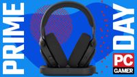 A Fractal Design Scape gaming headset on its wireless charging stand, on a blue Prime Day background with the red PC Gamer badge in the bottom right