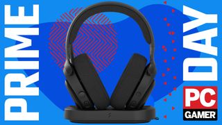 A Fractal Design Scape gaming headset on its wireless charging stand, on a blue Prime Day background with the red PC Gamer badge in the bottom right