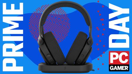 A Fractal Design Scape gaming headset on its wireless charging stand, on a blue Prime Day background with the red PC Gamer badge in the bottom right