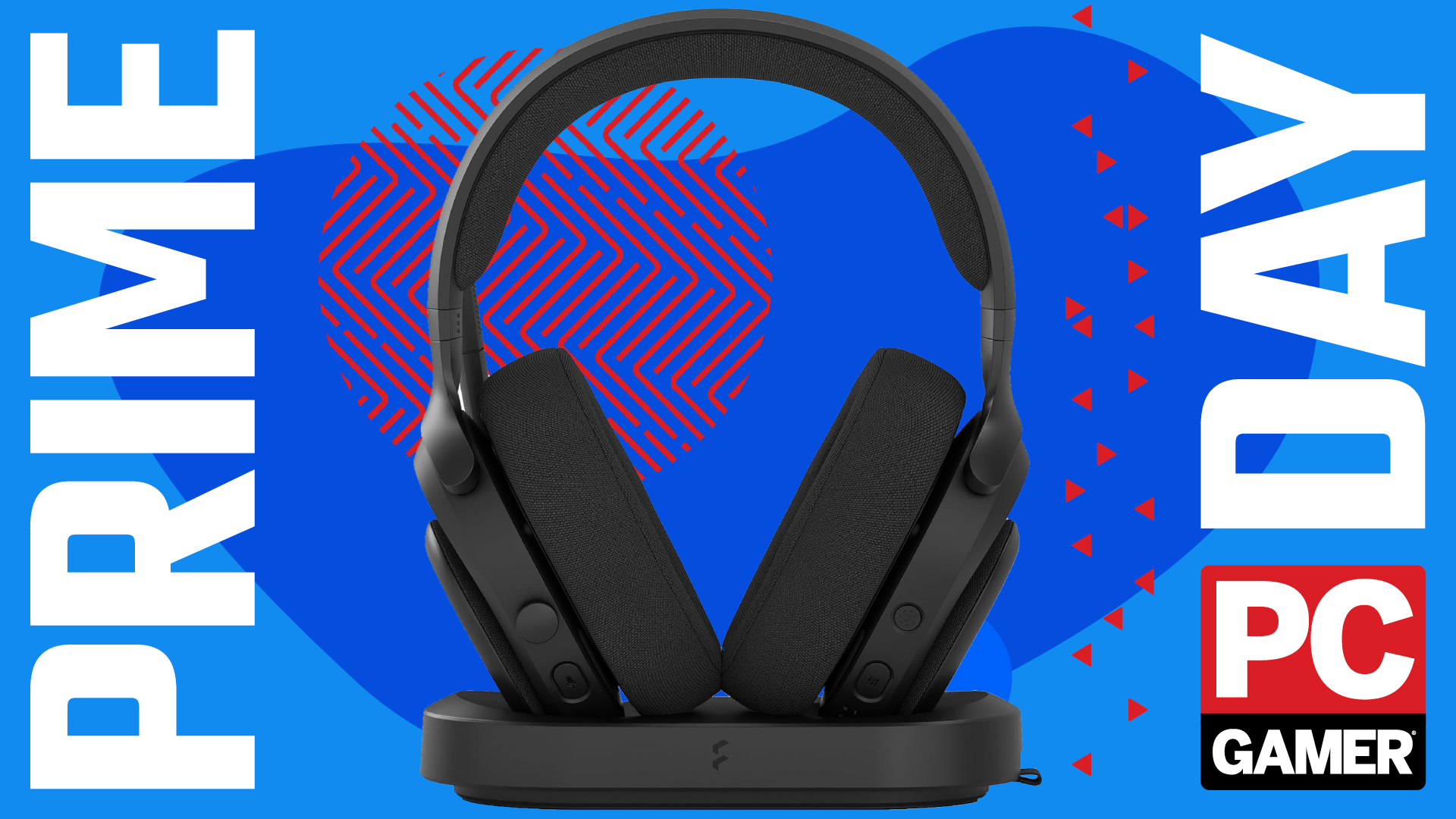 A Fractal Design Scape gaming headset on its wireless charging stand, on a blue Prime Day background with the red PC Gamer badge in the bottom right