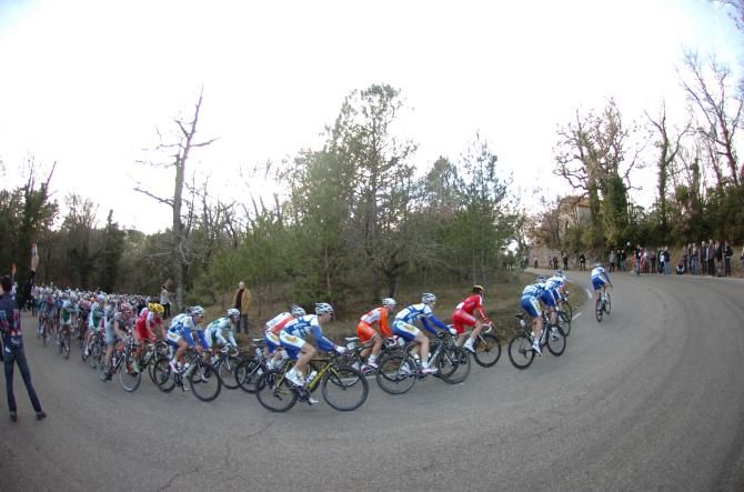 The peloton in the early season Etoile des Besseges race in the south of France