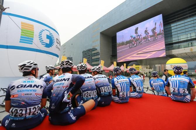 Riders of the Tour de Taiwan were impressed to see themselves in action from the previous stages on the enormous screen of the Taichung City Hall prior to the start.