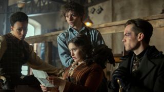From left to right: Kit Young as Jesper, Jack Wolfe as Wylan, Danielle Gilligan as Nina and Freddy Carter as Kaz in Shadow and Bone