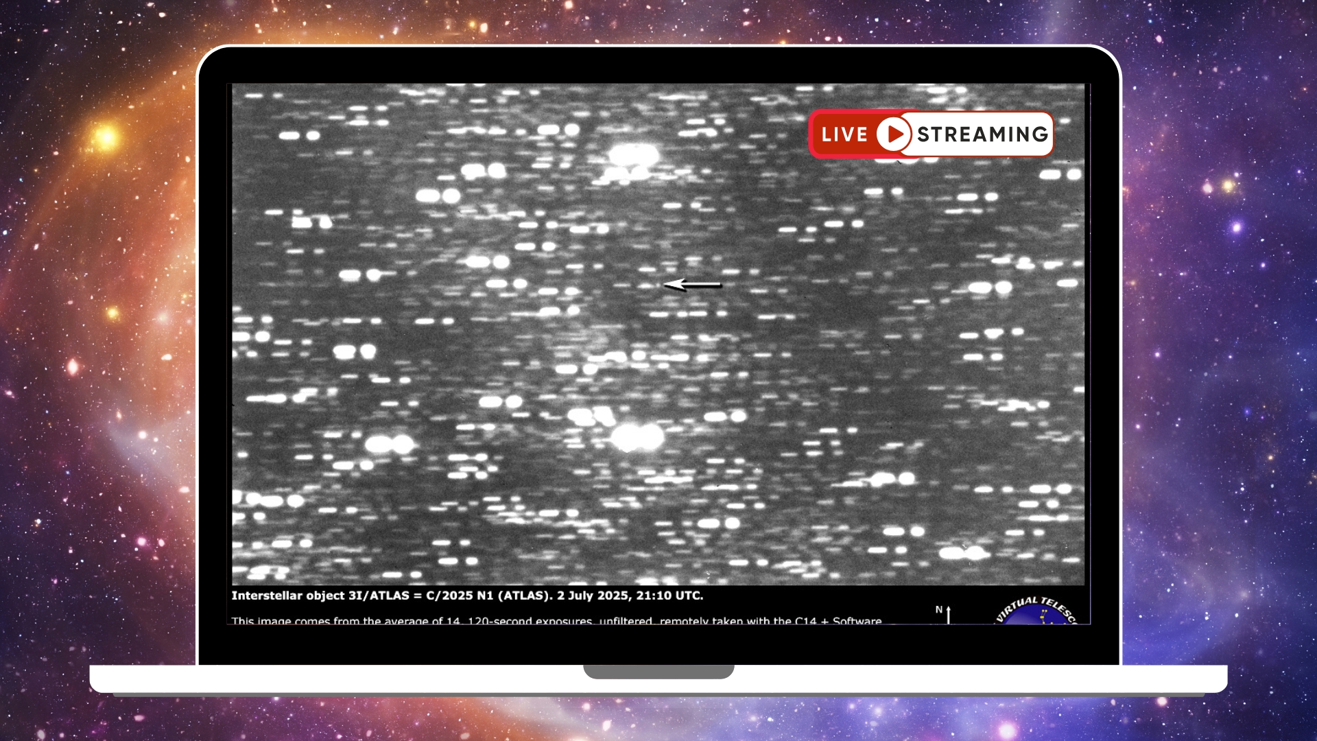 graphic showing the new interstellar object with a white arrow pointing it out against the background of stars. 