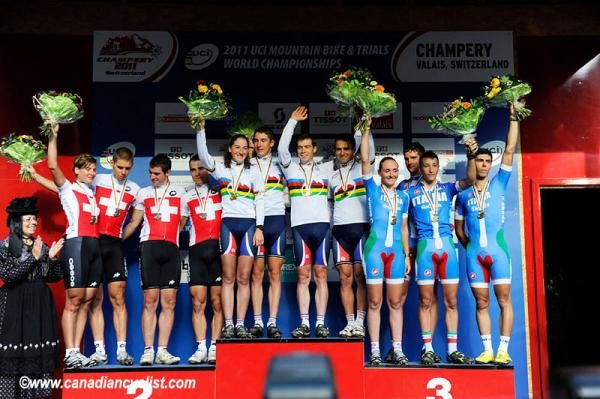 Team relay cross country podium (l-r): Switzerland, France and Italy