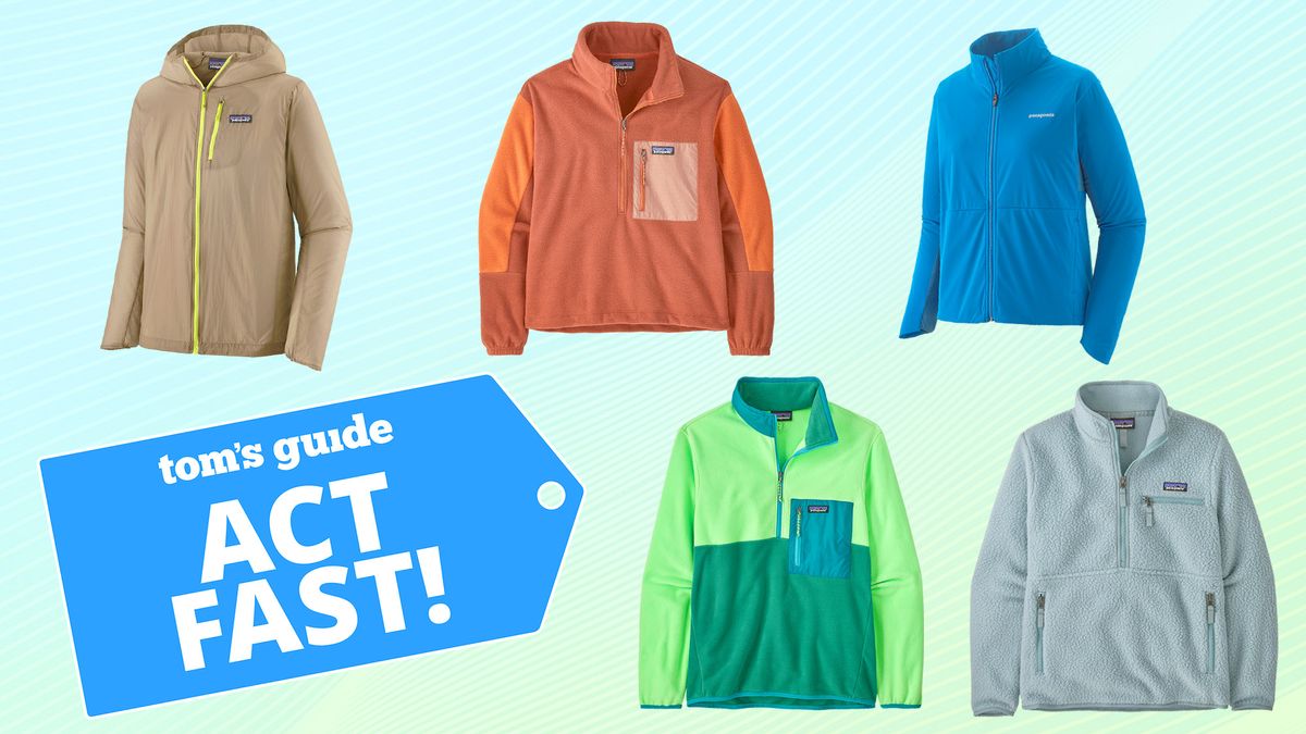 A colorful selection of Patagonia jackets floating on a green and blue background next to a Tom&#039;s Guide deals badge that says &quot;Act fast!&quot;