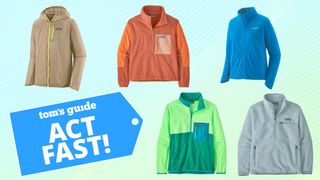 A colorful selection of Patagonia jackets floating on a green and blue background next to a Tom's Guide deals badge that says "Act fast!"