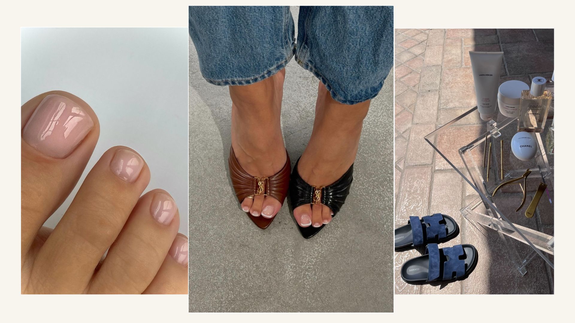 A sheer pedicure, a woman wearing YSL heels and a picture of Hermes sandals