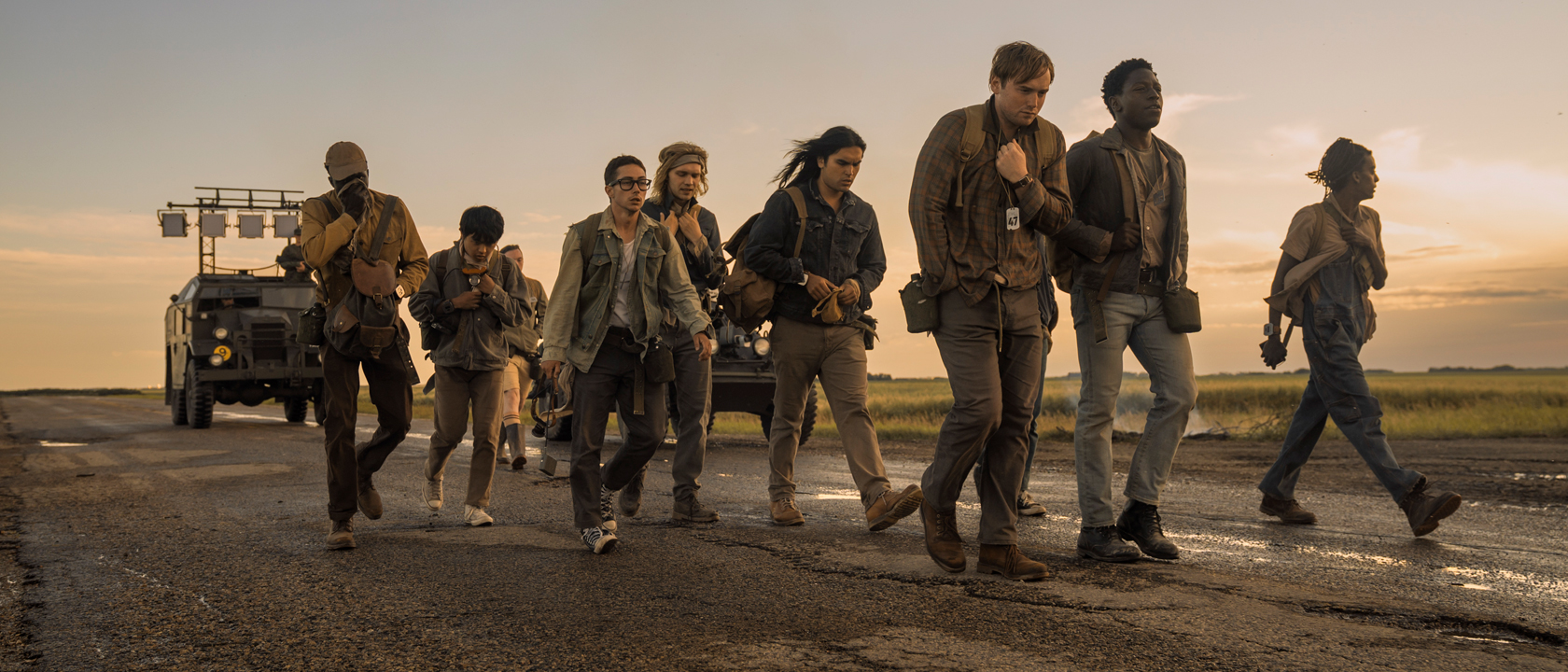 Tut Nyuot as Baker, Ben Wang as Olson, Jordan Gonzalez as Harkness, Charlie Plummer as Barkovitch, Joshua Odjick as Parker, Cooper Hoffman as Garraty, David Jonsson as McVries in The Long Walk