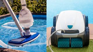 A split panel image demonstrating pool vacuum vs robot pool vacuum; a pool vacuum coming out of a pool, and a robot vacuum by a pool, ready to clean