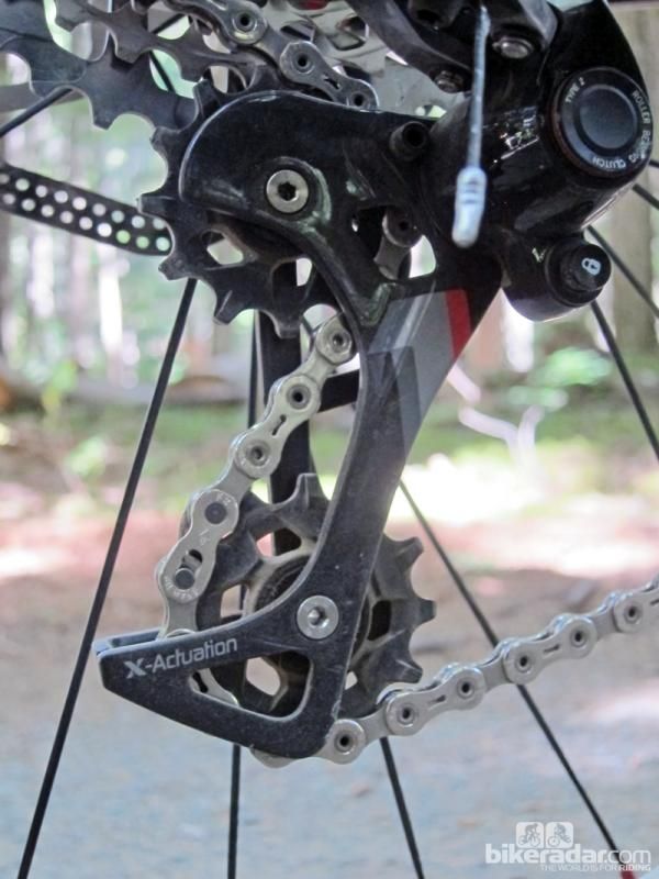 A standard SRAM X0 rear derailleur upper pulley is offset from the pivot by about 7mm. The new SRAM XX1, however, is offset by at least 30mm by our estimation so that the chain gap can automatically adjust for different gear ratios without requiring a slanted parallelogram.