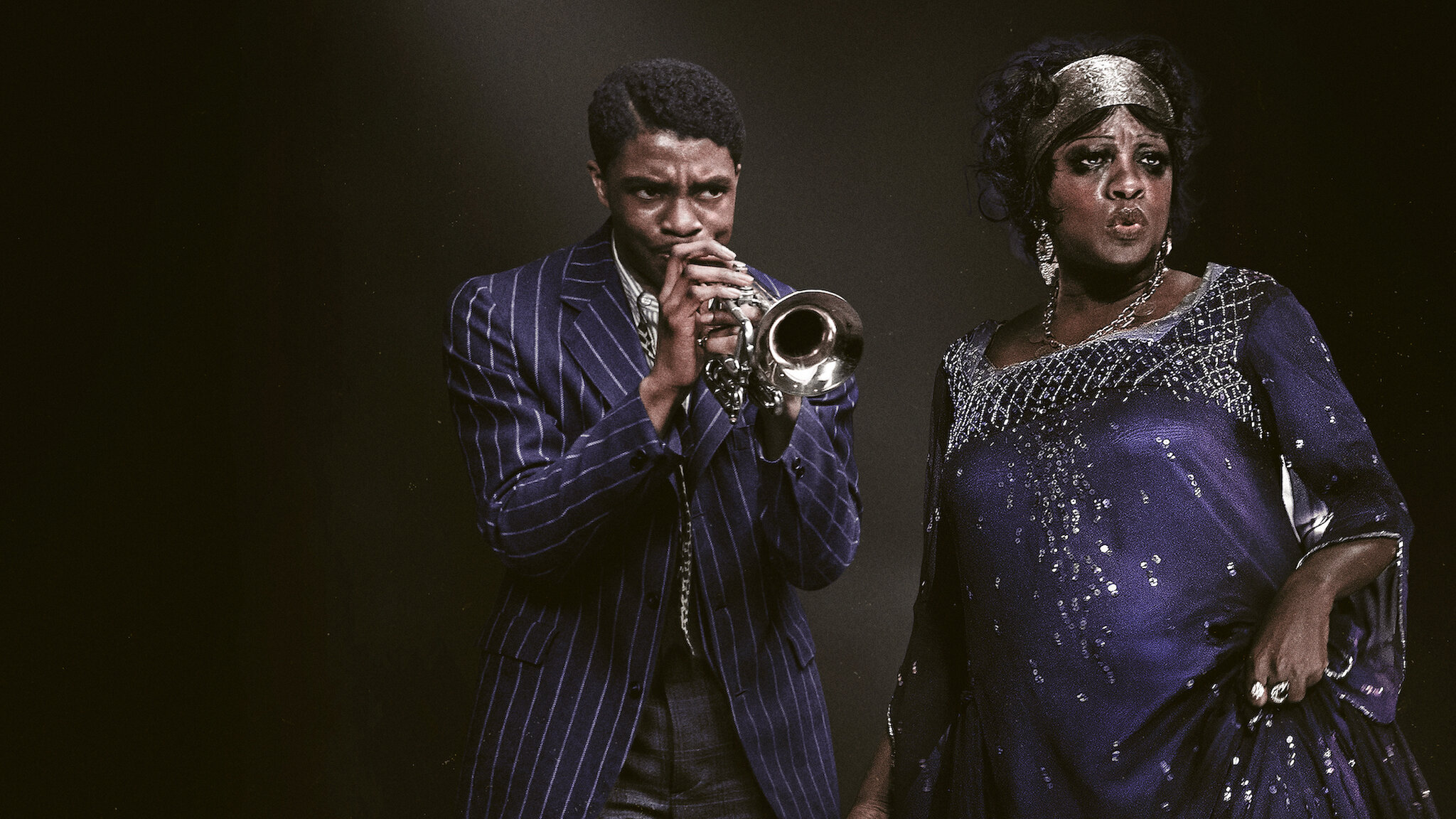 Ma Rainey’s Black Bottom movie still showing a singer and trumpeteer