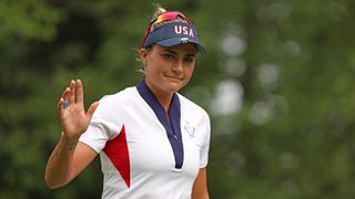 Lexi Thompson waves during Sunday Singles at 2024 Solheim Cup