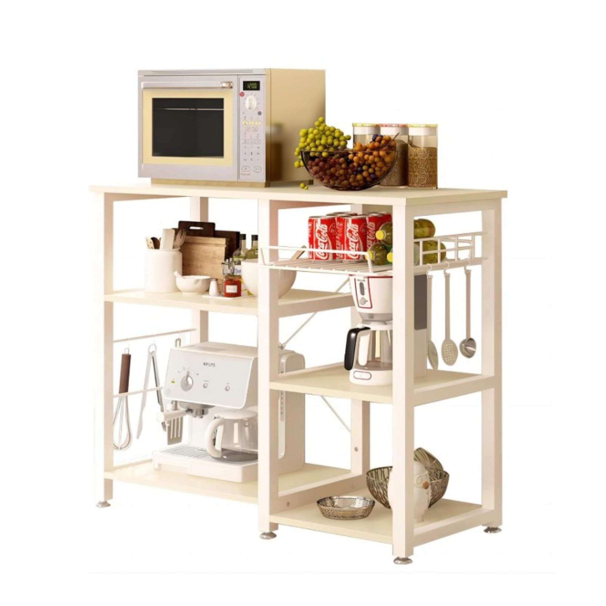 A white kitchen island with a microwave on top of it and cookware and dinnerware on its shelves
