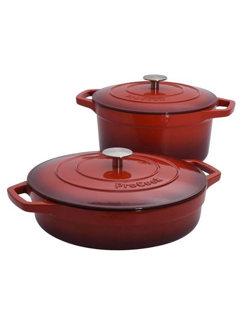 Cast Iron Casserole Dish Set  24cm and 28cm Graduated Red