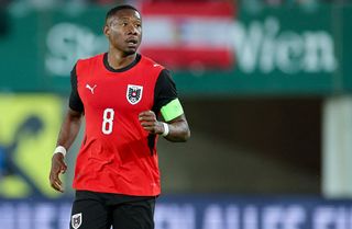 David Alaba of Austria looks on during the international friendly match between Austria and Tunisia at Ernst Happel Stadion on June 1, 2026 in Vienna, Austria.