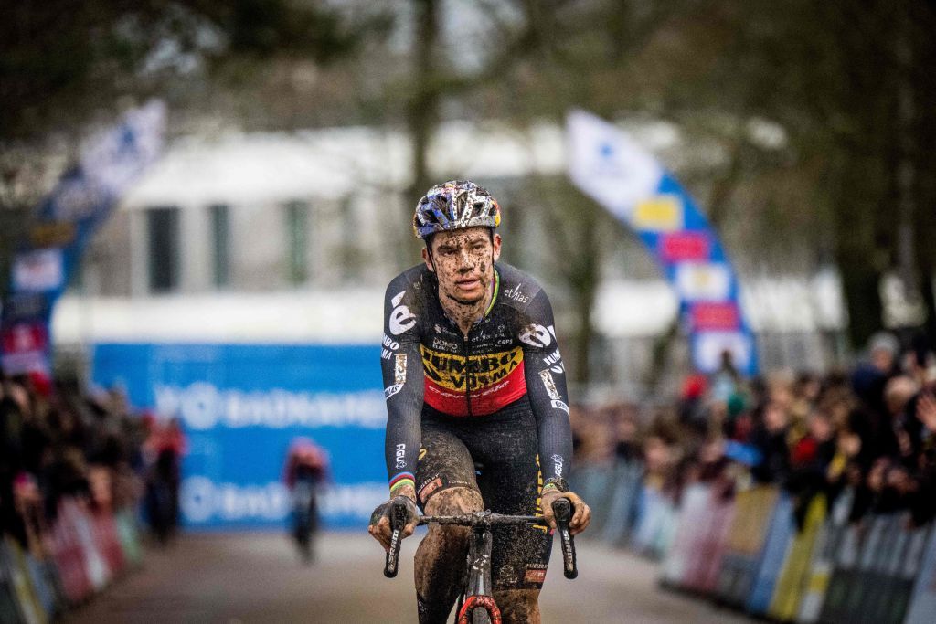Belgiums Wout Van Aert crosses the finish line in the mens elite race at the Herentals Crosst cyclocross cycling event at Herentals on January 3 2023 the fourth stage in the X2O Badkamers Trofee Veldrijden competition Belgium OUT Photo by JASPER JACOBS Belga AFP Belgium OUT Photo by JASPER JACOBSBelgaAFP via Getty Images