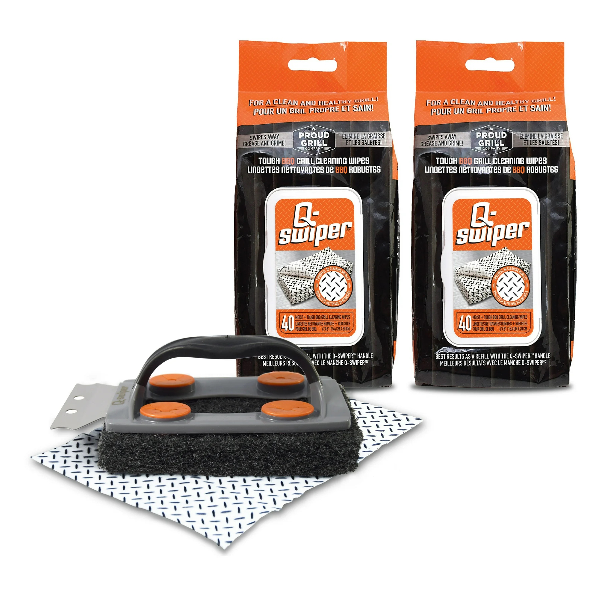 Q-Swiper BBQ Grill Cleaner Set, 1 Grill Brush With Scraper and 80 Grill Cleaning Wipes