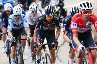 PAJARES SPAIN SEPTEMBER 01 Primoz Roglic of Slovenia and Team Red Bull Bora hansgrohe competes during the La Vuelta 79th Tour of Spain 2024 Day 15 a 143km stage from Infiesto to ValgrandePajares Cuitu Negru 1835m UCIWT on September 01 2024 in Pajares Spain Photo by Dario BelingheriGetty Images