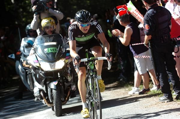 Edvald Boasson Hagen (Sky) rides alone in the lead on the day's final climb, the C&ocirc;te de Pramartino.