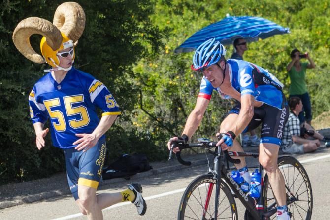 Tyler Farrar (Garmin-Sharp) fights his way up the climb.