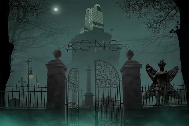 Gorillaz Kong Studios game site showing a gate with Kong written above it in a spooky apocalyptic scene