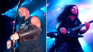 Slayer’s Kerry King and Pantera’s Dimebag Darrell playing guitar onstage