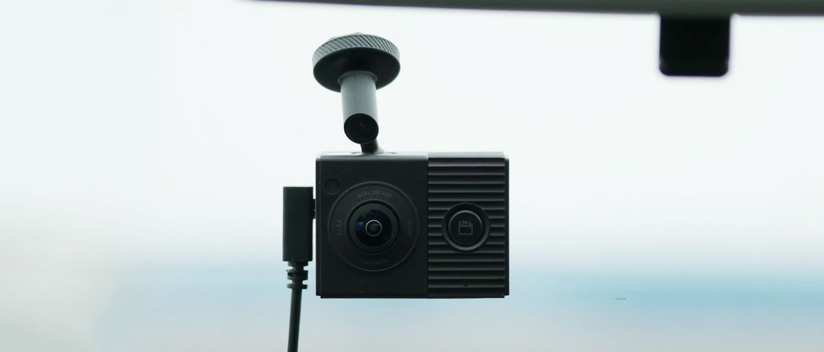 The Garmin Dash Cam Tandem mounted in a windshield