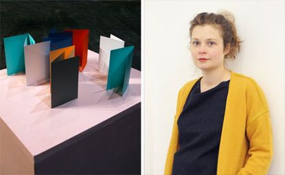 Side by side images. Left: Looking at various pieces of card folded in various colours. Right: Portrait image of a female wearing a black tunic and yellow over cardigan. 