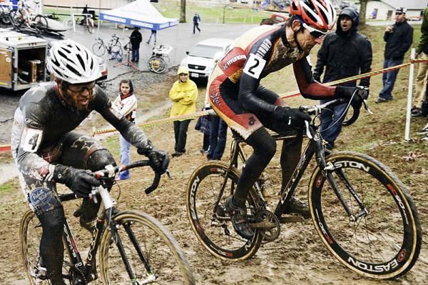 Jake Wells (Mafia Racing), left, and Brian Matter (Gear Grinder) ride together in pursuit of race leader Davide Frattini.