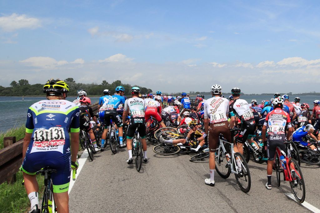 The crash on the causeway at the start of stage 15 of the Giro d&#039;Italia