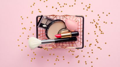Beauty Edit of new beauty products in a small shopping basket