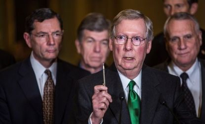 Senate Minority Leader Mitch McConnell and fellow Republicans at a Dec. 4 news conference.