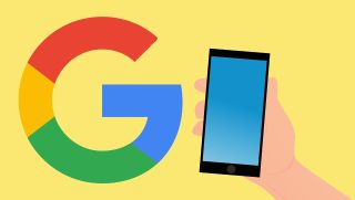 Illustration of the Google "G" logo and hand holding a cell phone