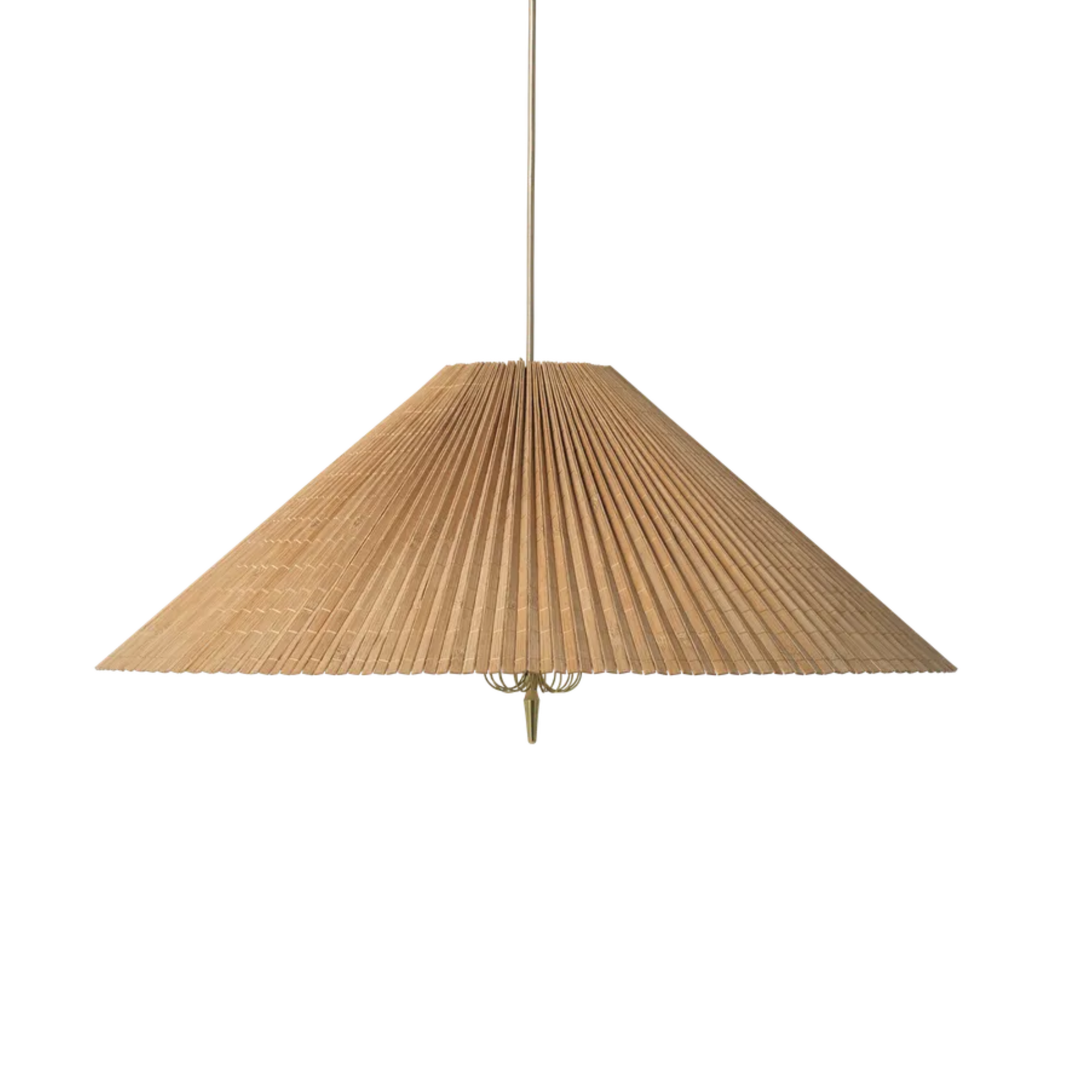 a pendant light with a bamboo shade and a decorative brass detail