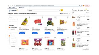 Walmart Grocery review: Image shows the website and a shopper's cart.