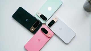 Google Pixel 9 shown in four different colors.