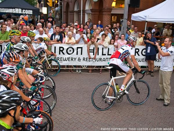 Current points leader Mark Hekman (Team Mountain Khakis) is introduced in front of the large crowd that filled the streets of West Chester, PA.