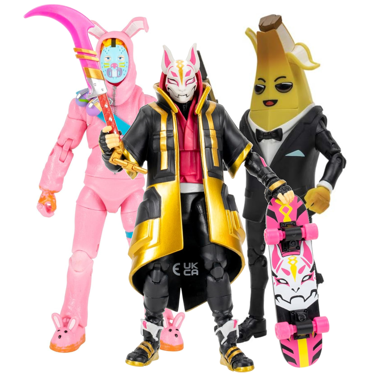 Three Fortnite action figures against a plain background