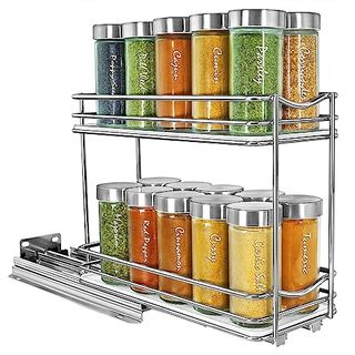 Lynk Professional® slide Out Drawer in chrome. It's two tier and each features glass jars with chrome lids filled with herbs and spices