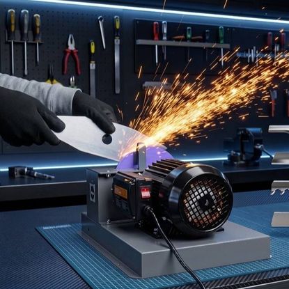 Hands sharpening a lawnmower blade in a shop