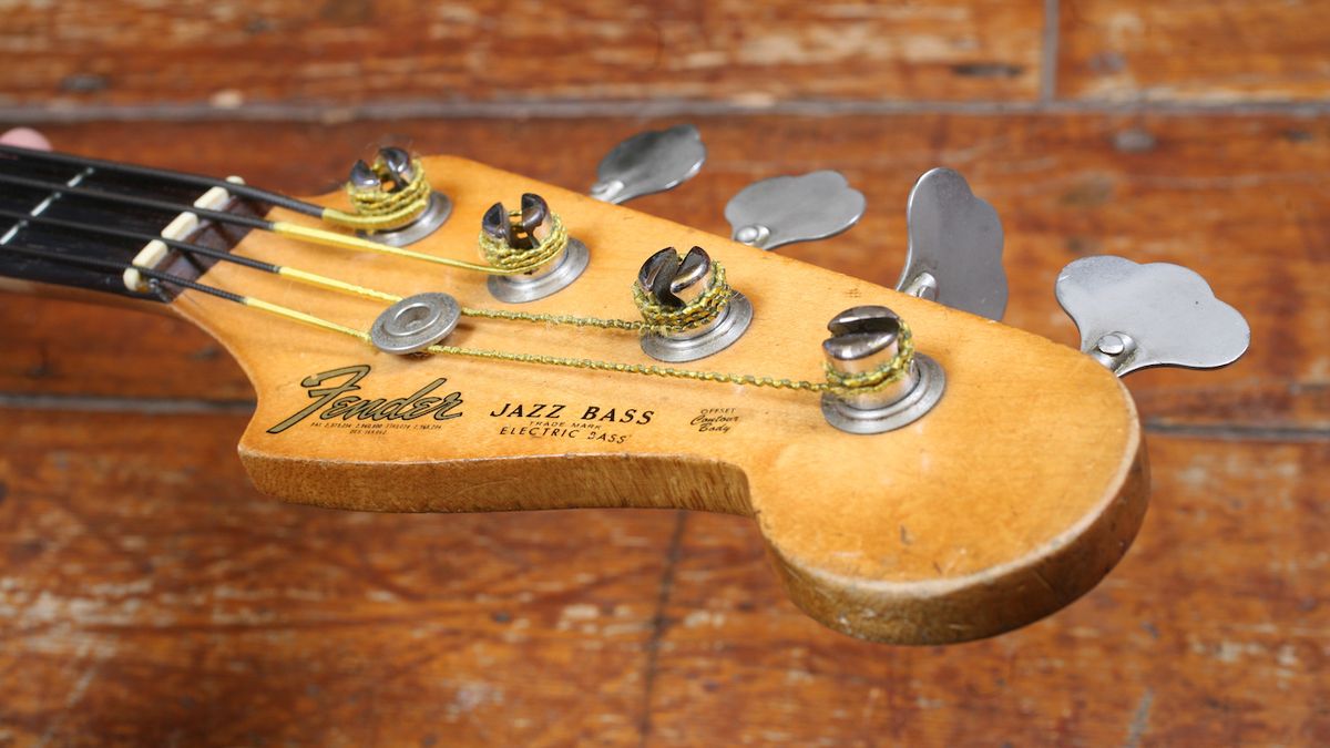 Photo of Fender jazz bass guitar belonging to session musician Herbie Flowers (ex Sky and Blue Mink) used during the recording sessions for Lou Reed's song 'Walk On The Wild Side'.