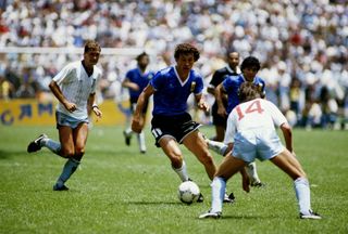 Jorge Valdano on the ball for Argentina against England at the 1986 World Cup.