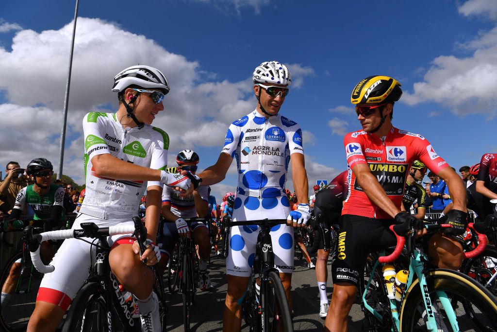 Tadej Pogacar, Geoffrey Bouchard and Primoz Roglic at the start of stage 17