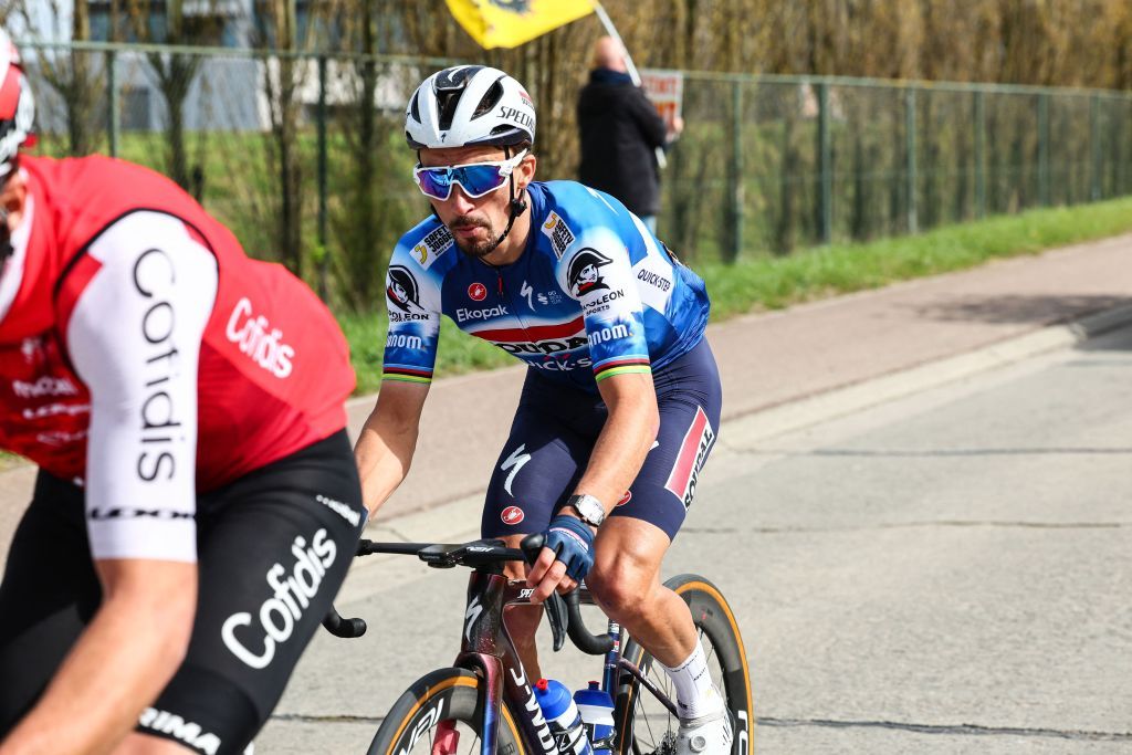 French Julian Alaphilippe of Soudal Quick-Step pictured in action during the men's race of the 'Ronde van Vlaanderen/ Tour des Flandres/ Tour of Flanders' one day cycling event, 270,8km from Antwerp to Oudenaarde, Sunday 31 March 2024. BELGA PHOTO DAVID PINTENS (Photo by DAVID PINTENS / BELGA MAG / Belga via AFP)